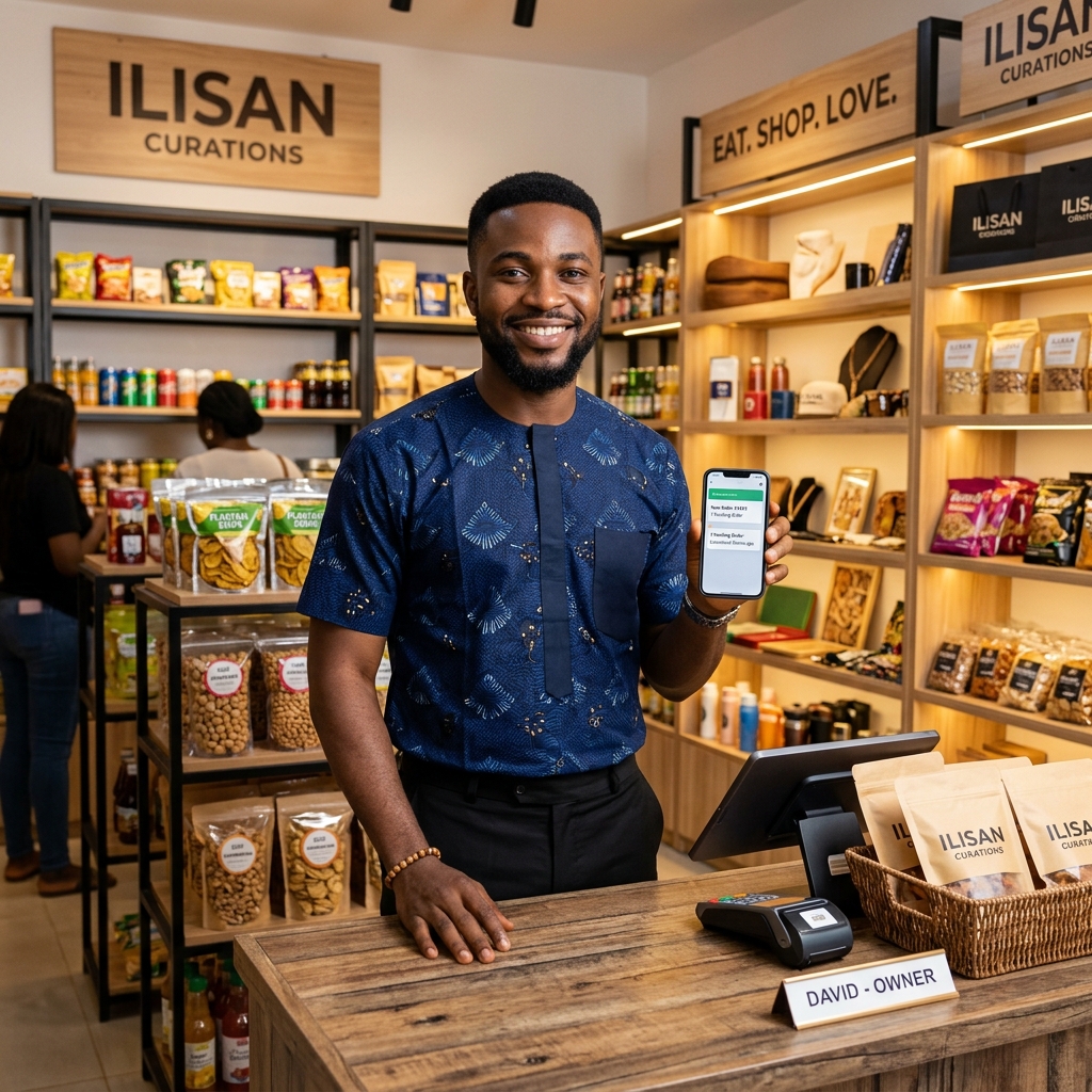 An Ilisan shop owner accepting an ìlúEats order on his phone behind the counter