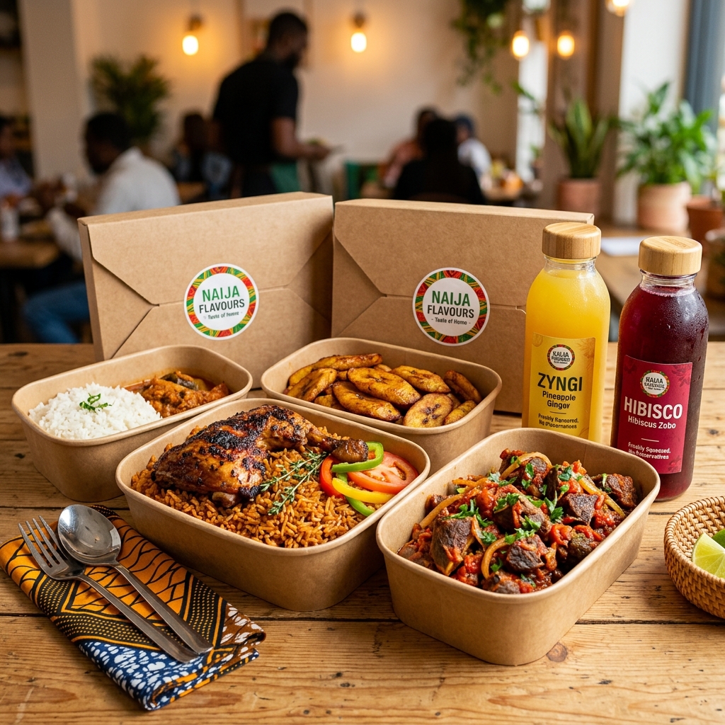 Meals packed in ìlúEats-branded takeaway boxes, ready for a rider to collect